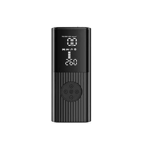 Wireless portable car tyre air compressor with digital display, LED light, and USB port on black ABS housing.