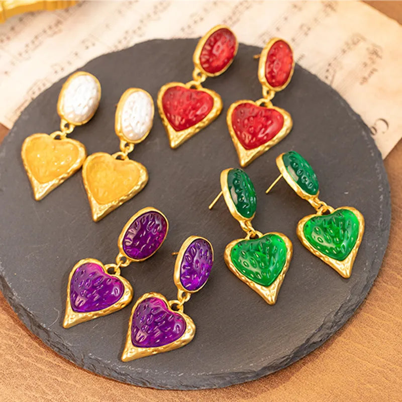 Silver needle pleated oval love heart stud earrings in green, purple, red, and yellow white on alloy posts.