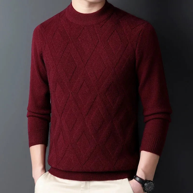 Men's thick diamond jacquard knit sweater in light camel colour, a plus-size winter pullover.