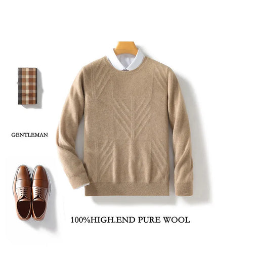 Men's round neck sweater pullover solid colour jacquard loose fit long sleeve mercerized craft
