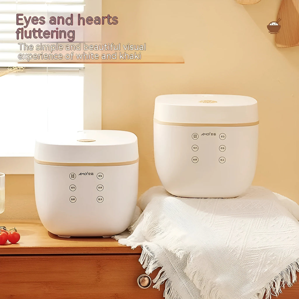 White intelligent multi-function rice cooker with 3L black crystal inner pot and steamer basket