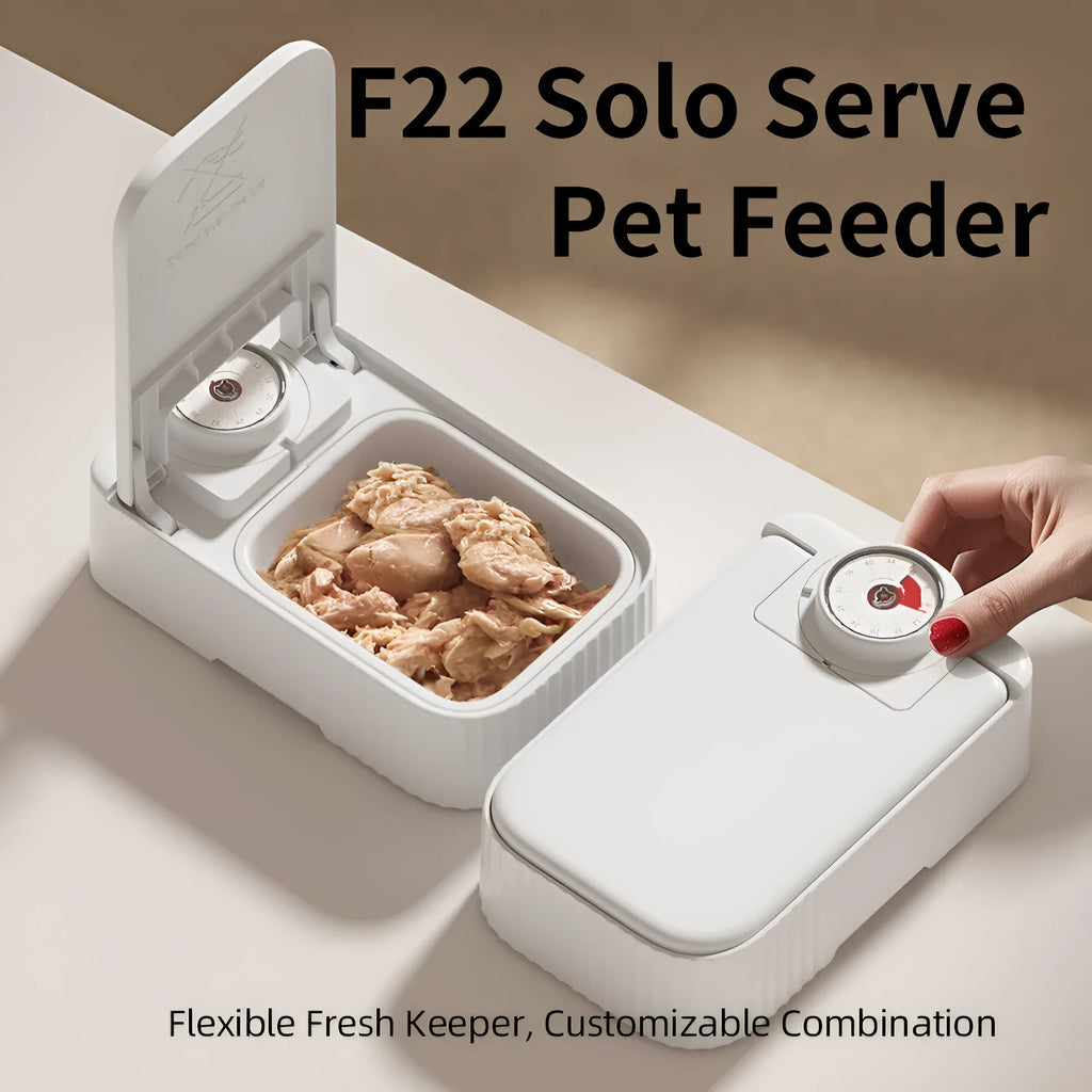 White electronic pet feeder with timer display and ice crystal compartment for 48-hour food freshness