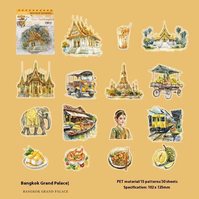 Retro style architecture journal stickers showing Paris Arc de Triomphe, London Big Ben, Maldives, Zurich, Rome, and Bangkok designs