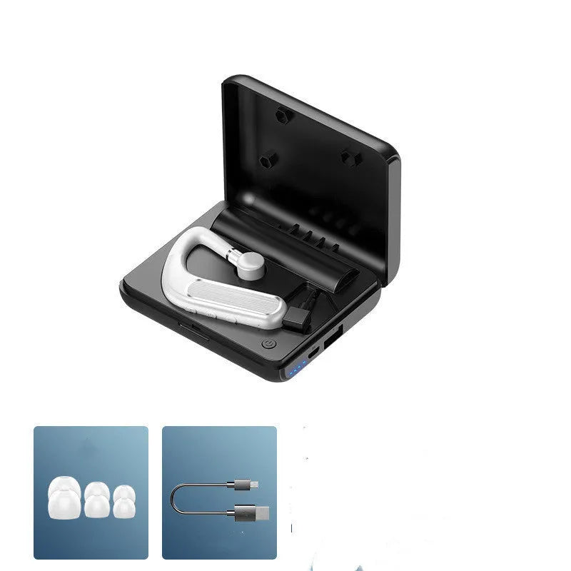 Black hanging-ear Bluetooth earphones with hook design, shown with charging case and spare ear caps.