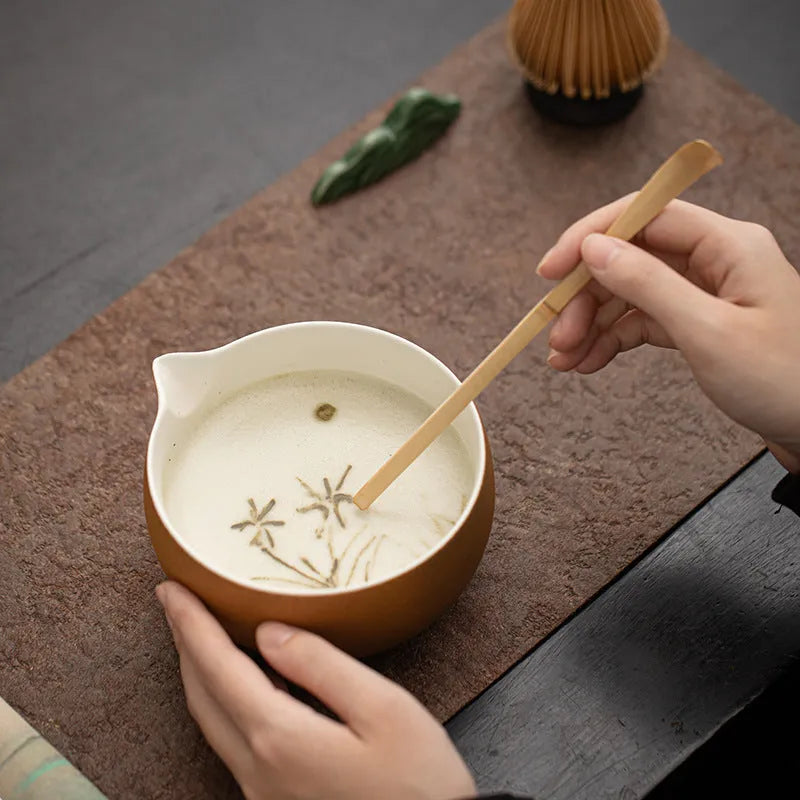 Guyun matcha eight-piece set with 600ml ceramic bowl, spoon, strainer, sifter, tea mat, stands and shelf
