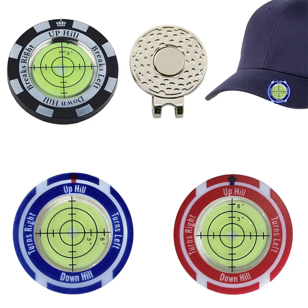 Golf hat clip spirit level showing liquid-filled vial with positioning marks for slope measurement