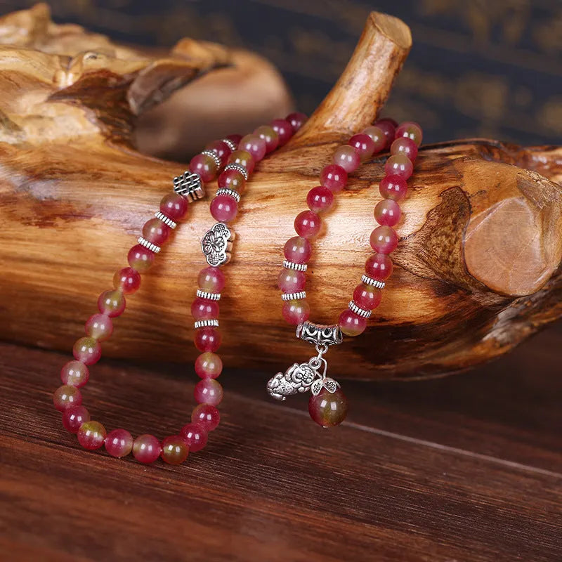Handmade natural watermelon crystal bracelet with Chinese knotting in elephant style geometric design