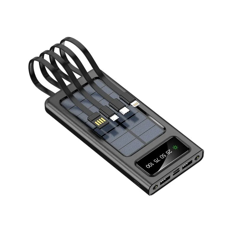 Solar power bank portable charger with integrated cable, 20000mAh capacity, black or white plastic shell