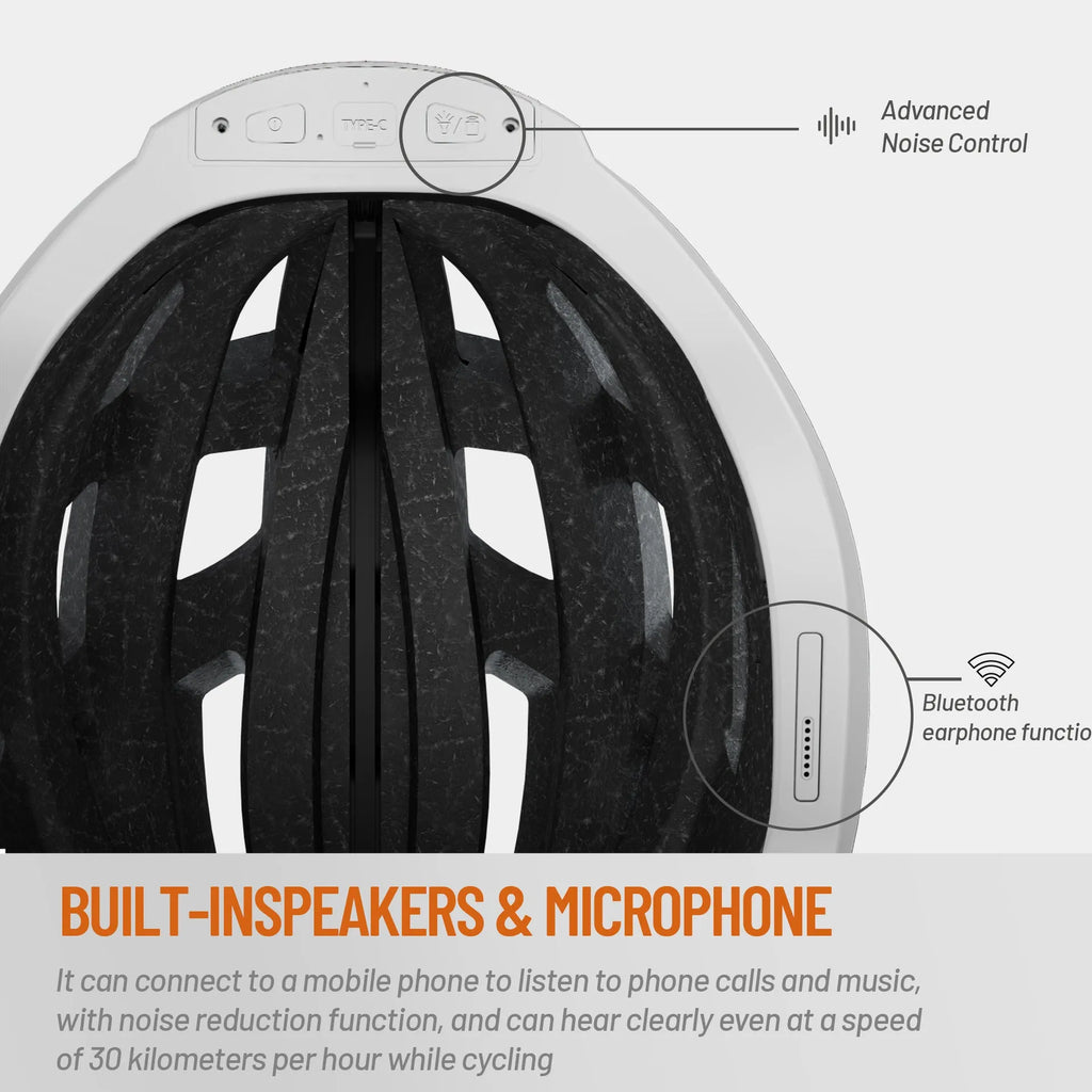 Black and grey smart riding helmet with integrated warning light on the rear, showing USB charging port.