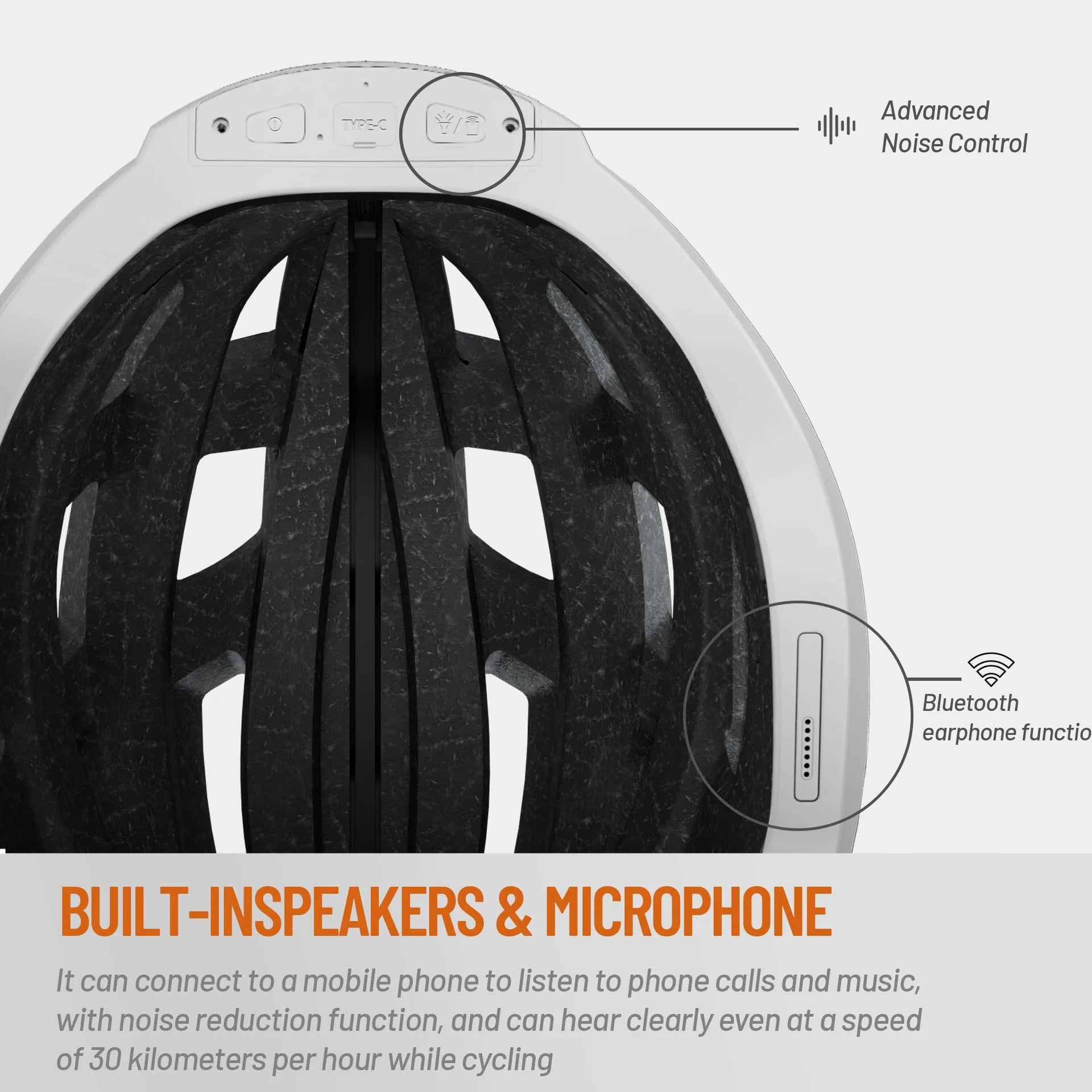 Black and grey smart riding helmet with integrated warning light on the rear, showing USB charging port.