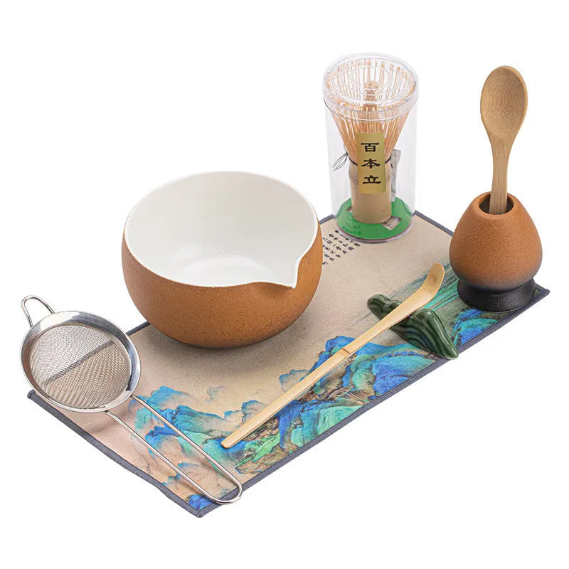 Guyun matcha eight-piece set with 600ml ceramic bowl, spoon, strainer, sifter, tea mat, stands and shelf