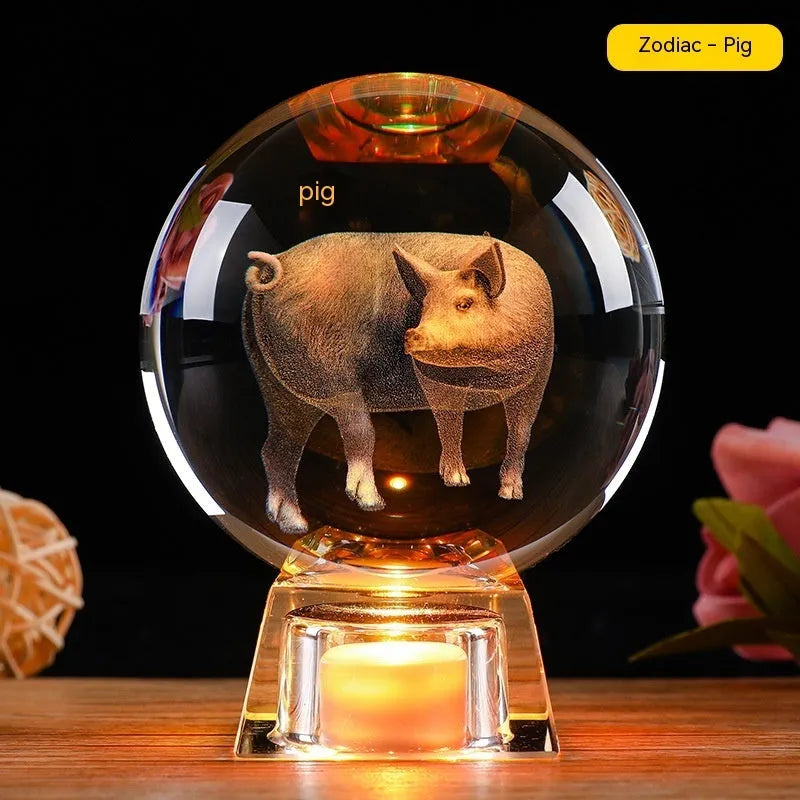 White crystal ball lamp with Chinese zodiac animal figurine on LED electronic base
