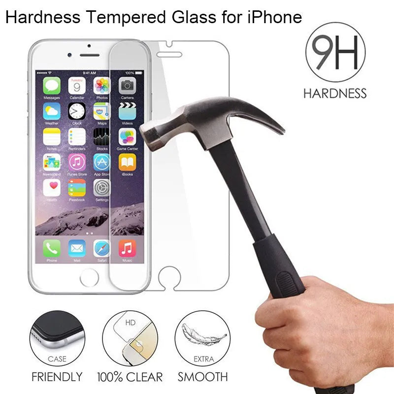 Transparent tempered glass screen protector for iPhone on a white background.