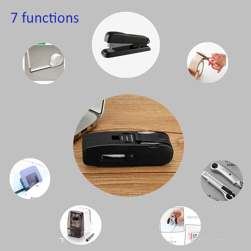 KOONSLED black multifunctional mini stapler with staple remover, 113x38x33mm size, on white background