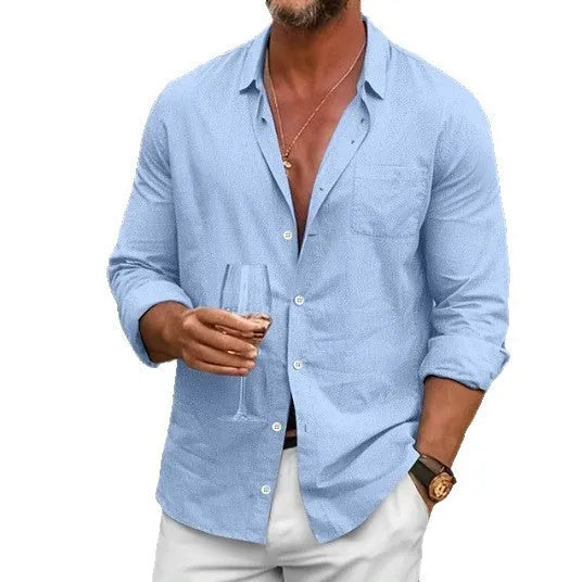 Men's loose fit casual shirt in solid colour with long sleeves and lapel collar