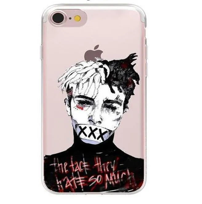 Matte transparent iPhone case with XXXTentacion pattern, showing half-wrapped design on an iPhone.