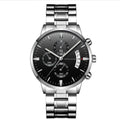 Men's stainless steel quartz watch with round 43mm dial, calendar display, and butterfly buckle in multiple chain colours