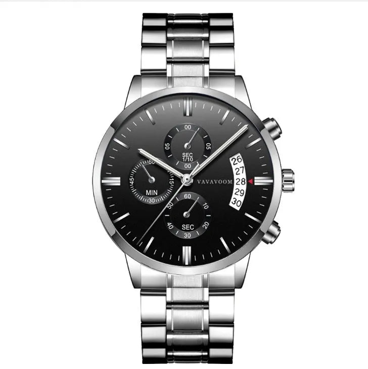 Men's stainless steel quartz watch with round 43mm dial, calendar display, and butterfly buckle in multiple chain colours
