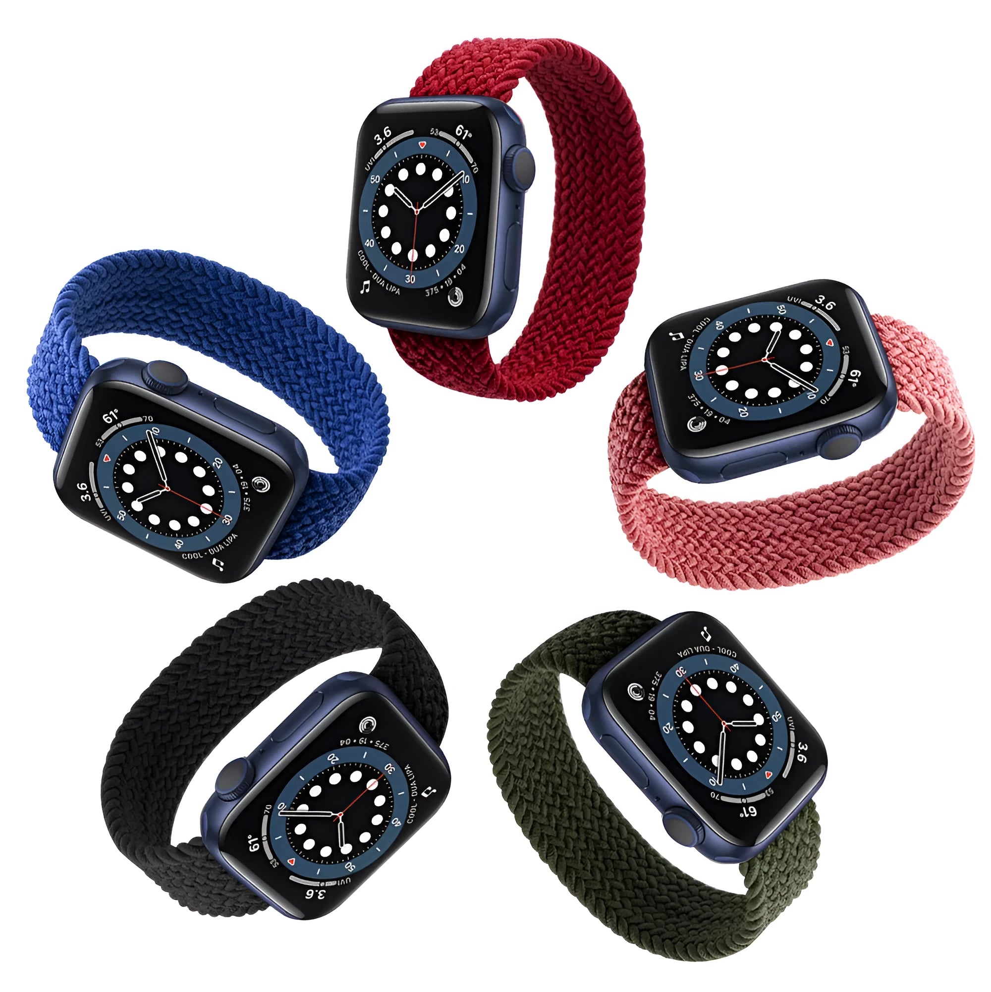 Apple Watch compatible nylon woven strap in army green with plastic connectors.