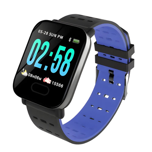 A6 compatible smart bracelet with colour touchscreen and silicone strap in black, blue, or orange options