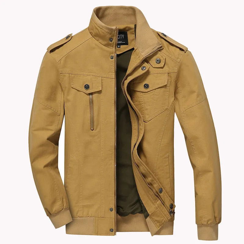 Men's khaki cotton military pilot bomber jacket with badge and side pockets