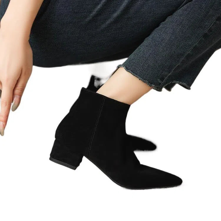 Women's matte suede chunky-heel ankle boots with pointed toe and side zipper in black with cotton lining