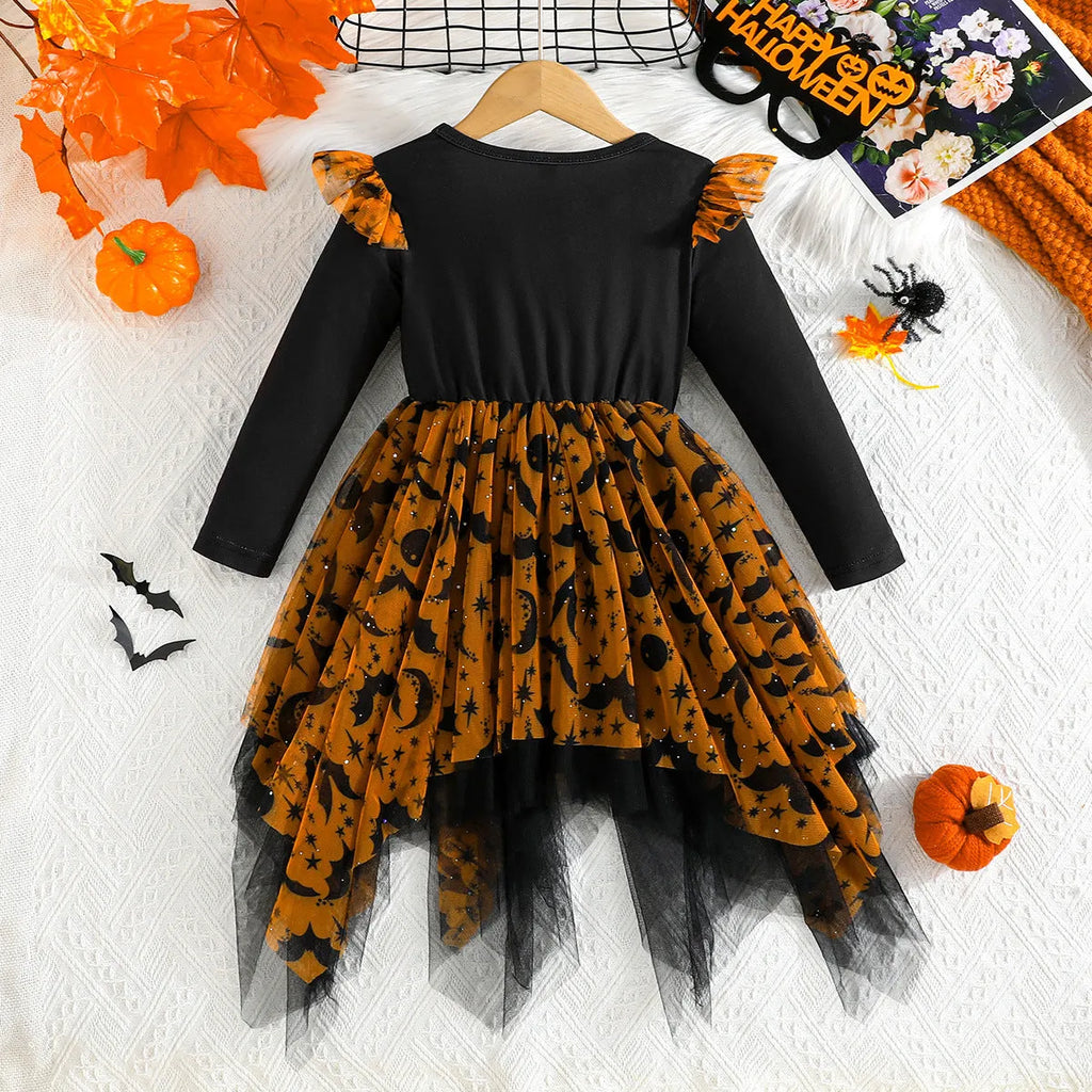 Girls leopard print mesh dress with irregular asymmetric hem in brown or purple, sizes 9-12M to 4-5Y