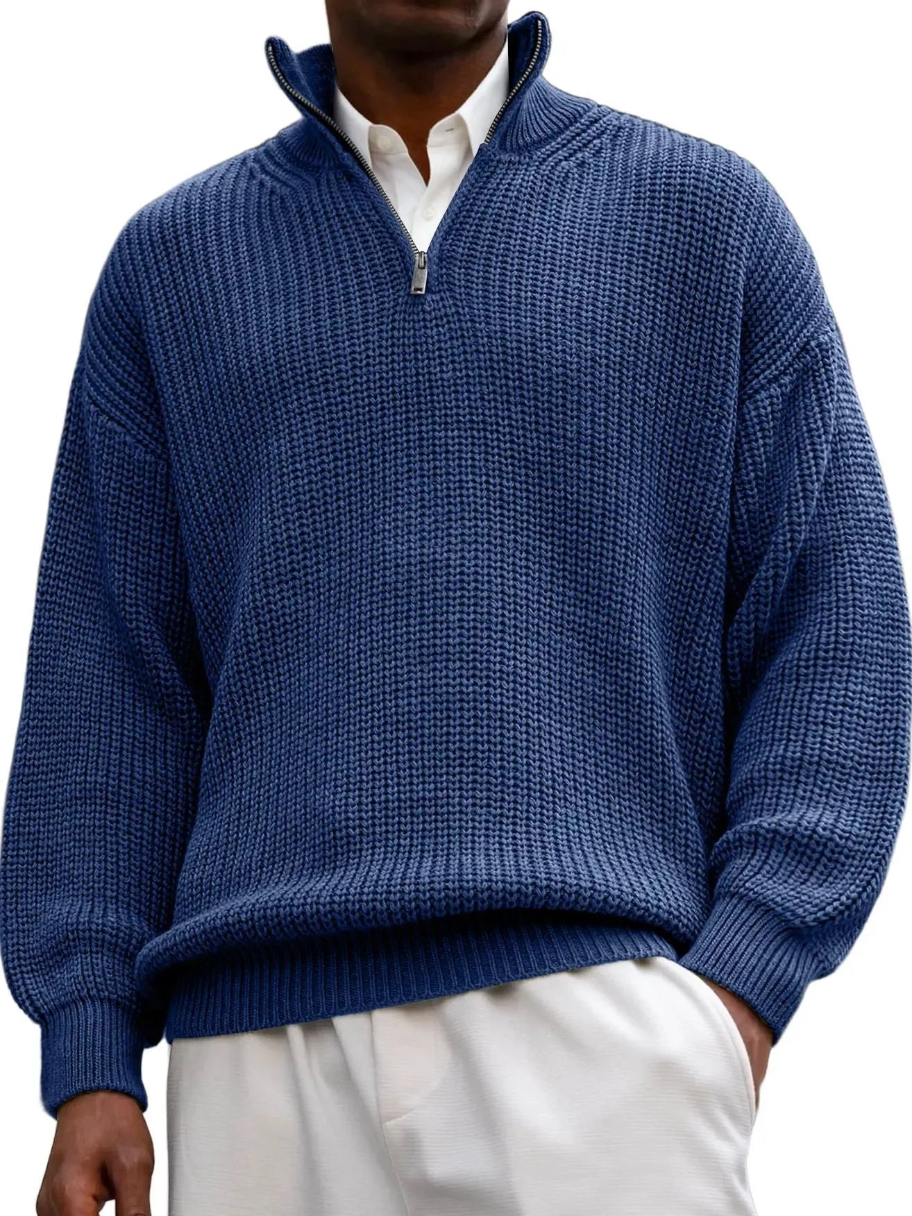 Fashion men's casual long sleeve half-zip stand collar polo shirt pullover sweater in black