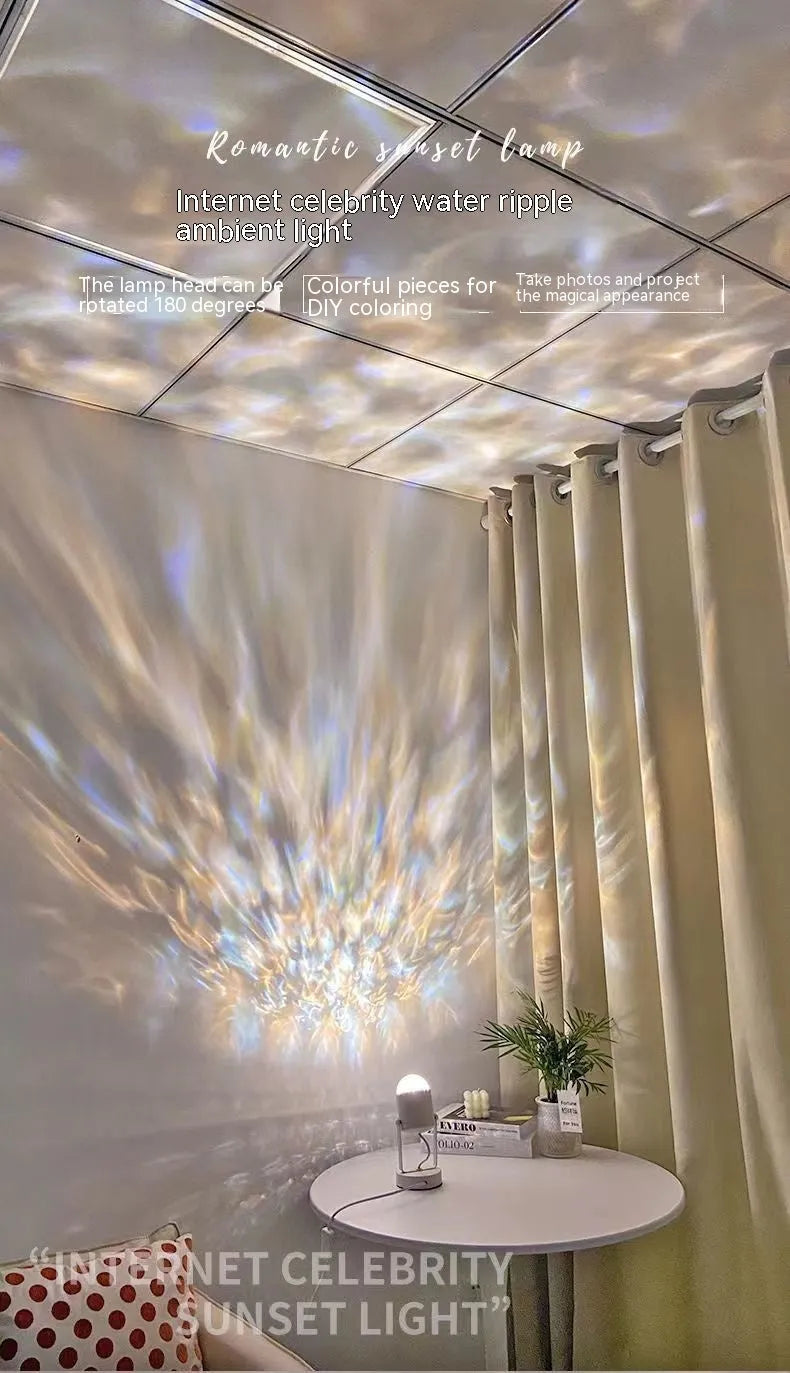 Dynamic water ripple ambience light table lamp in ceiling or desktop configuration with metal lamp holder