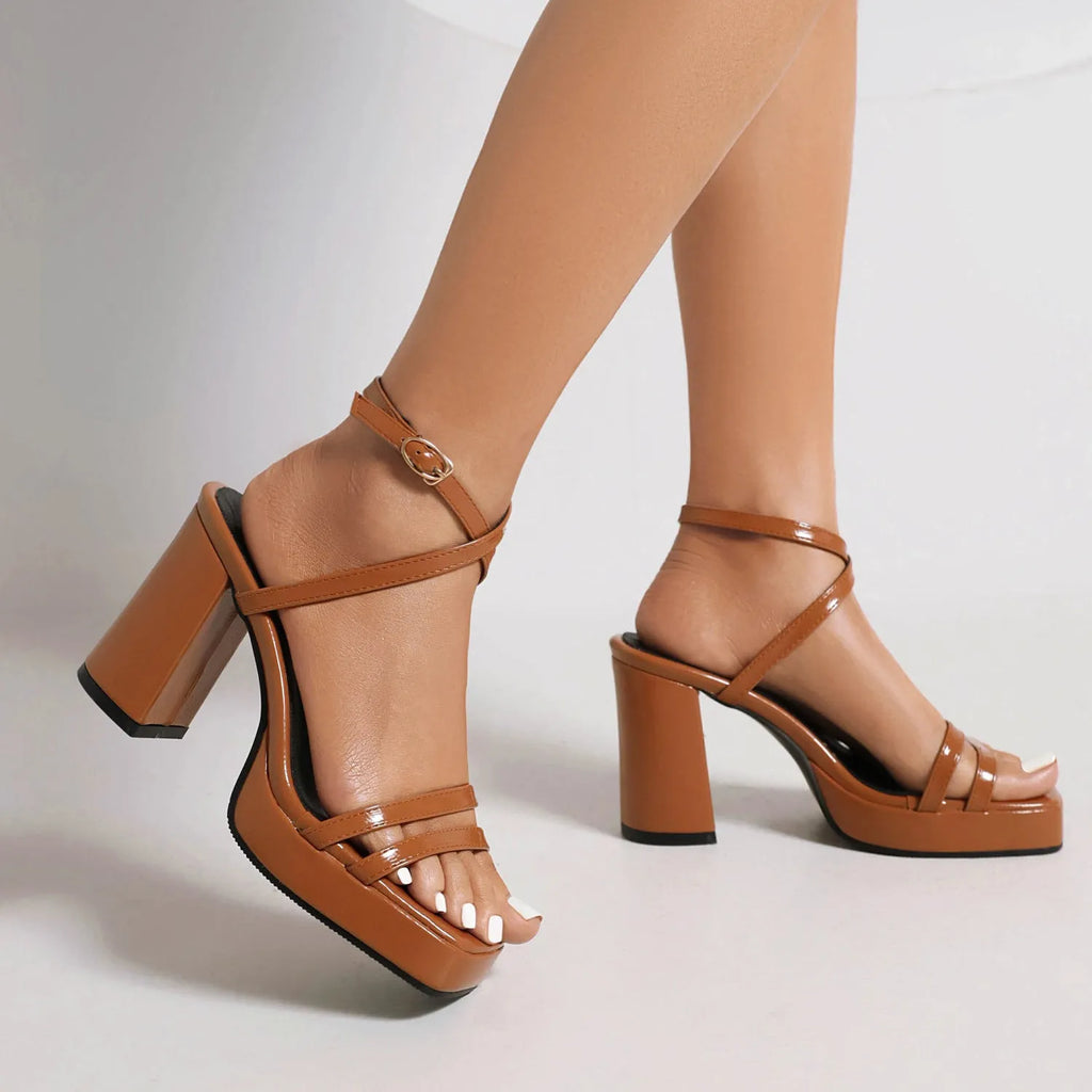 Square toe high heels with thin strap buckle and wide strap, microfiber upper, six colours, sizes 35-43