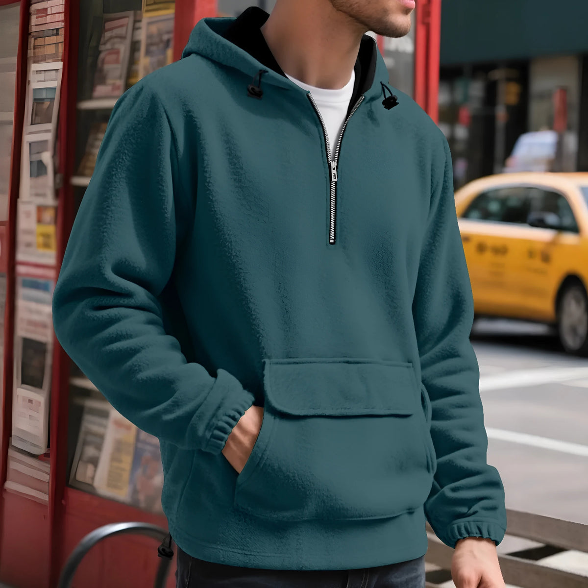 Men's padded fleece sweater, half zip hooded pullover, loose fit, solid colour, polyester, sizes S to XXXL