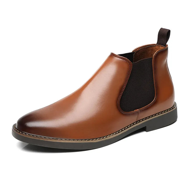 Men's black formal leather pointed-toe boots with a square heel on a white background.
