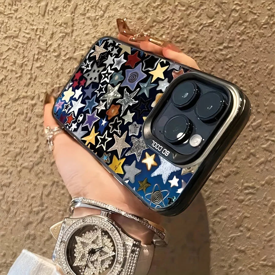 Black PC hard phone case for iPhone with five-pointed star laser design, anti-fingerprint coating