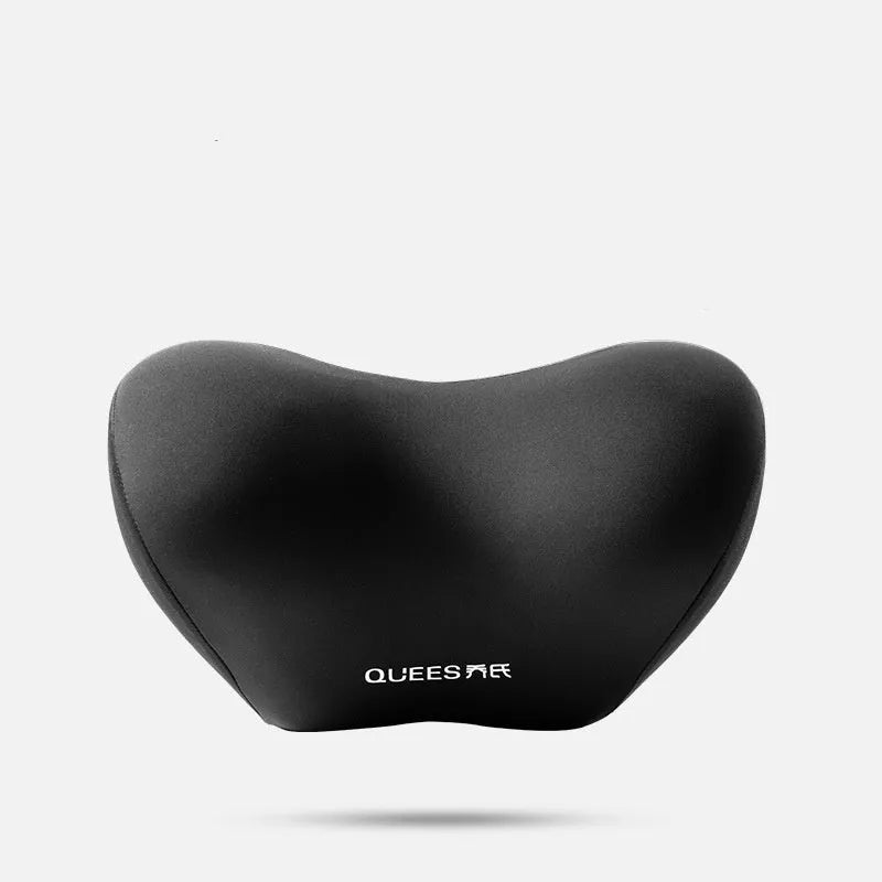 Black and grey memory foam lumbar support pillow and headrest on a car seat.