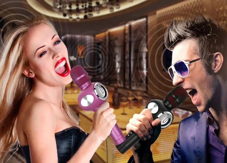 Yaerjia E108 black mobile karaoke microphone with built-in speaker grill and controls.
