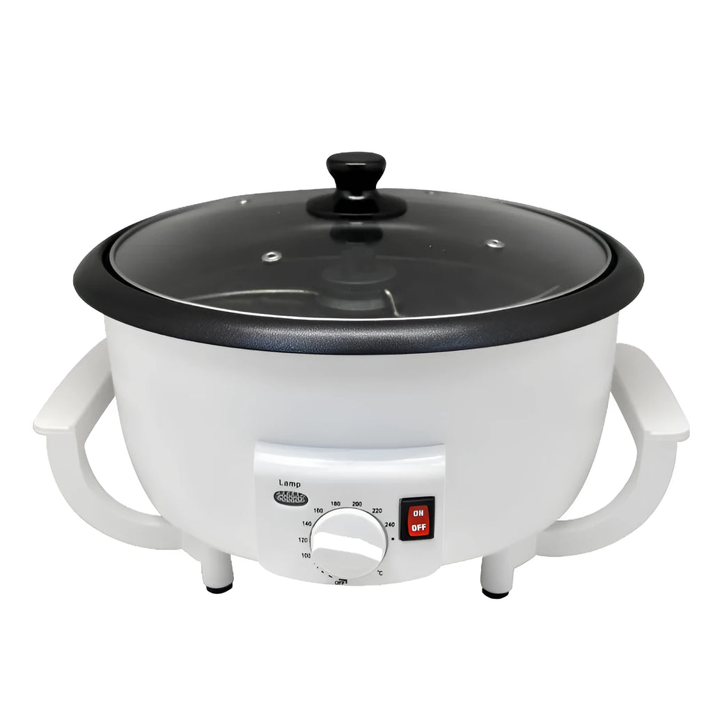 White oblate-shaped home coffee roasting machine with a 225mm base.