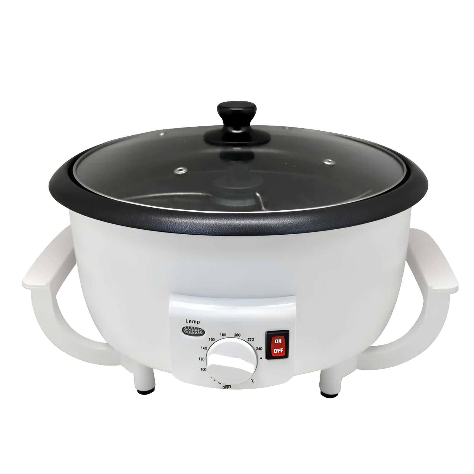 White oblate-shaped home coffee roasting machine with a 225mm base.