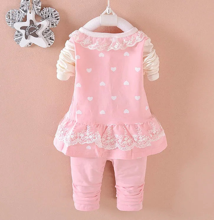 Baby girls cotton two-piece tracksuit set with top and long pants in rose red, pink, yellow and blue, sizes 80cm to 110cm.