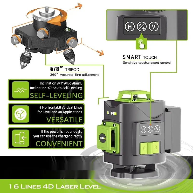 Green 16-line laser level tool with aluminium parts and nylon housing on a workbench.