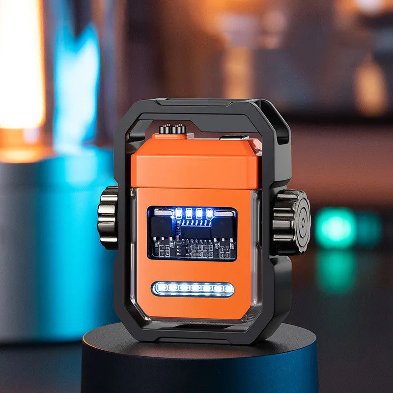 Blue windproof electric plasma lighter with a spinning metal gyroscope, shown folded and unfolded.