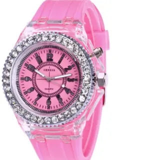 Geneva women's LED luminous quartz watch with silicone strap and round 43mm dial