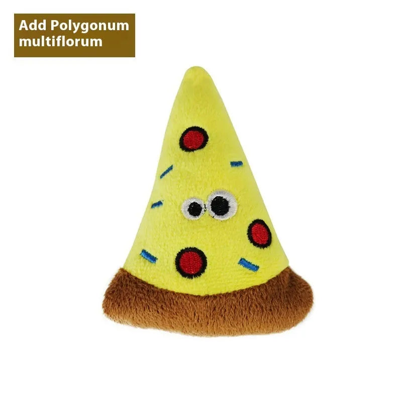 Catnip-filled plush cat toy in food shapes including burrito, cone, cucumber, mushroom, pineapple and pizza styles