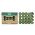 Green EPI degradable pet waste bags on a roll next to a white dispenser.