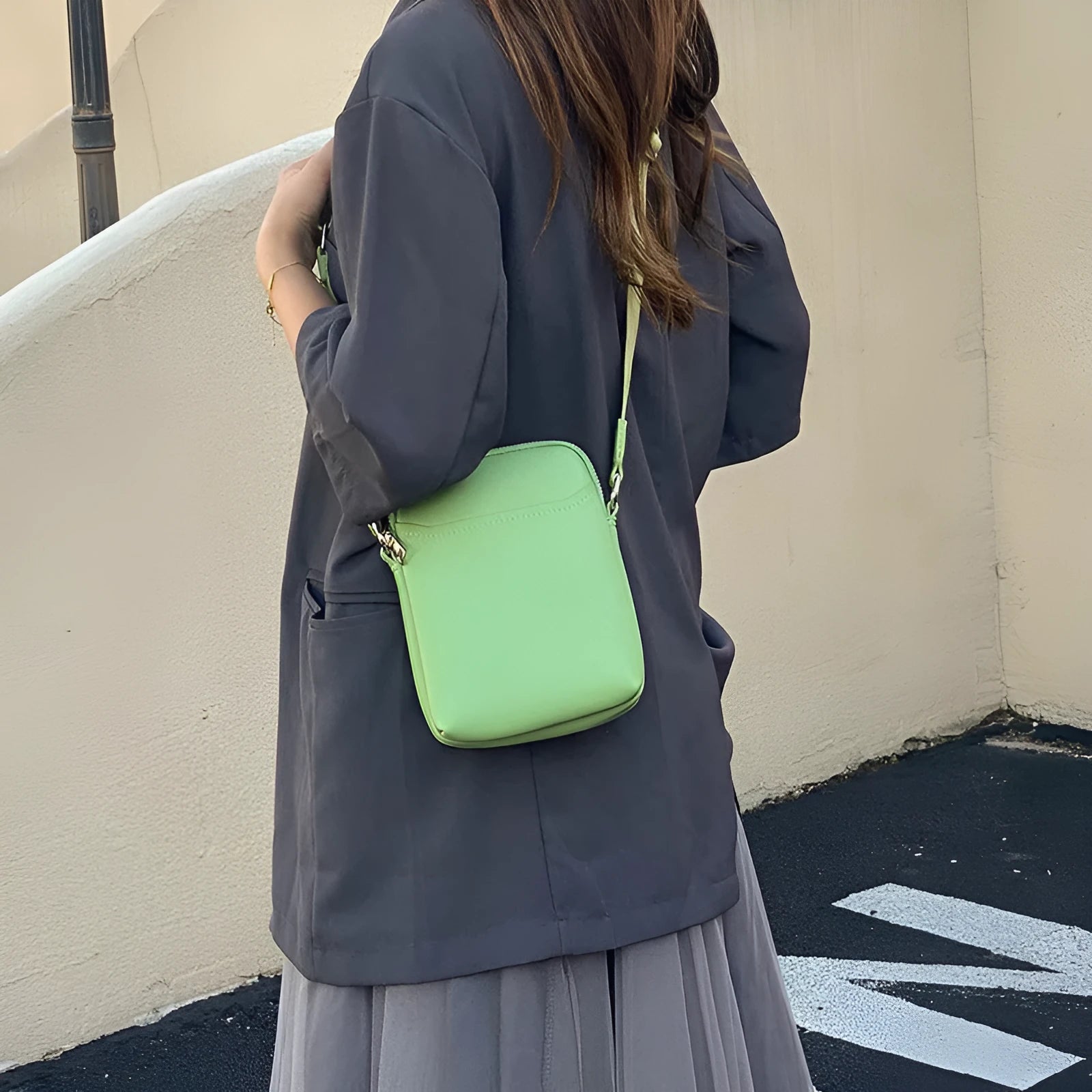 Solid colour PU mobile phone crossbody bag shown in black, beige, khaki, and green.