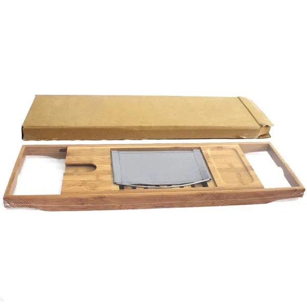 Natural bamboo bathtub frame desktop storage unit with one shelf for bathroom organisation.