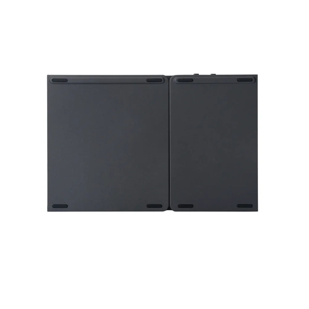 Black tri-fold Bluetooth keyboard with touchpad shown in folded and unfolded positions