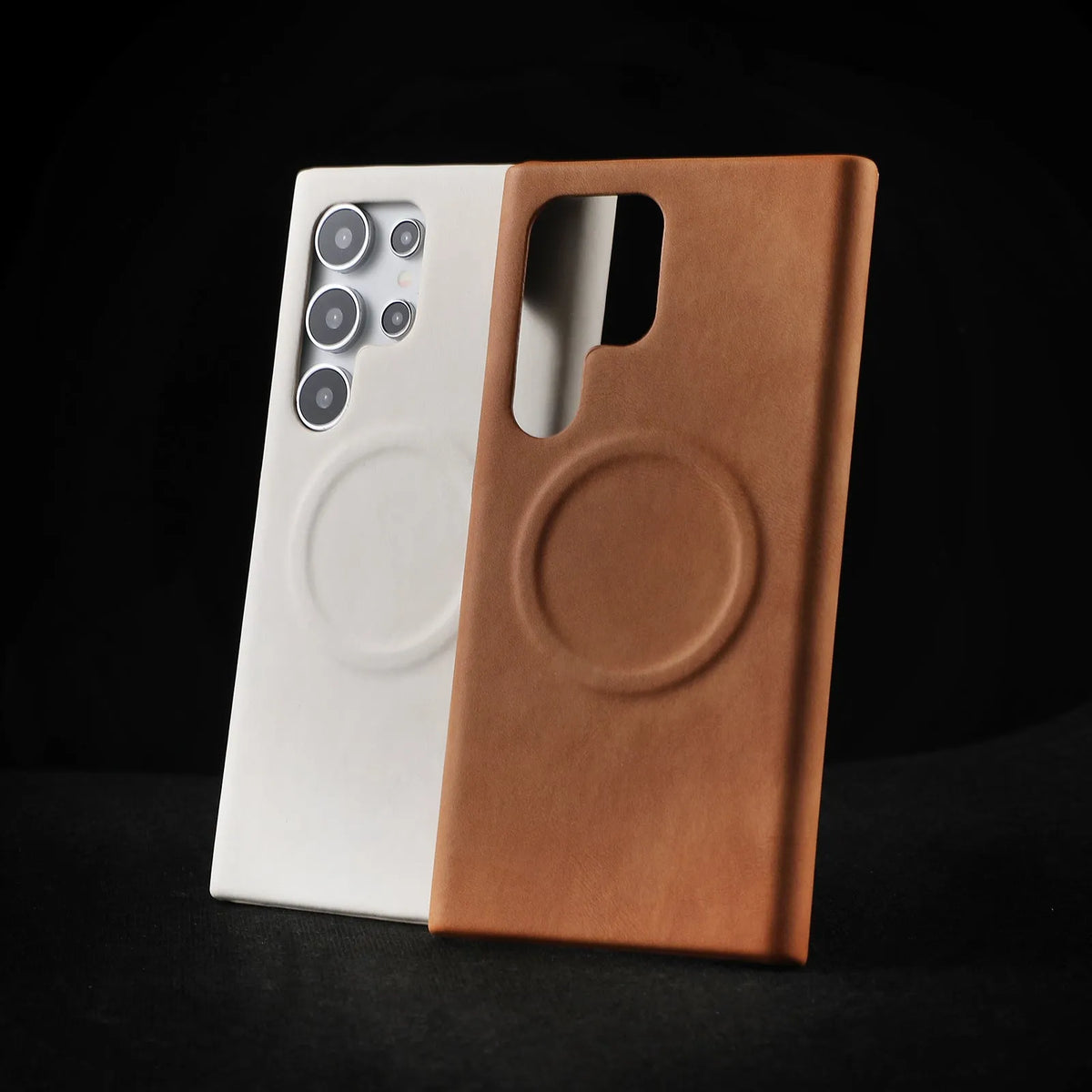 Frosted PU leather phone case for Samsung Galaxy S25 Ultra and S25 in black, brown, chocolate, gray, or white.