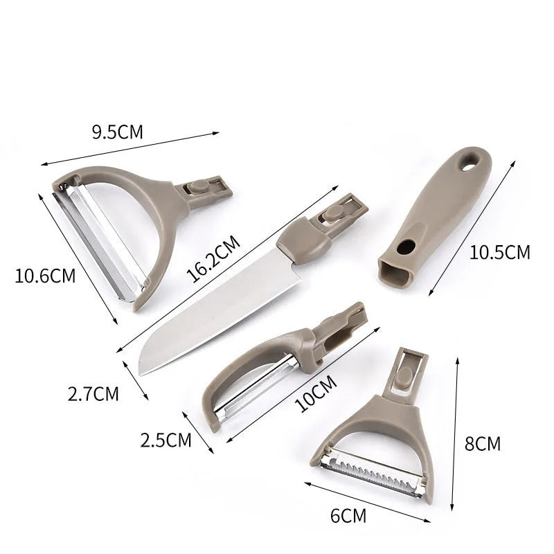 Three piece stainless steel cutter set with wheat straw chopping board, fruit knife and peeler in green