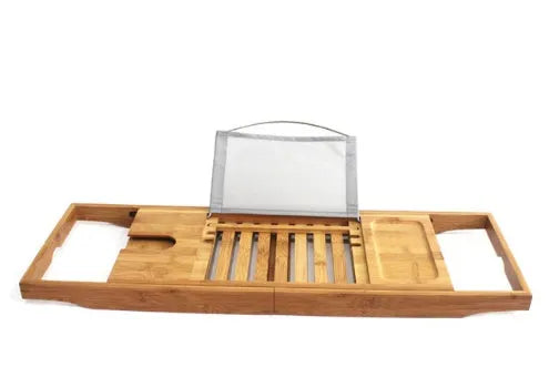 Natural bamboo bathtub frame desktop storage unit with one shelf for bathroom organisation.