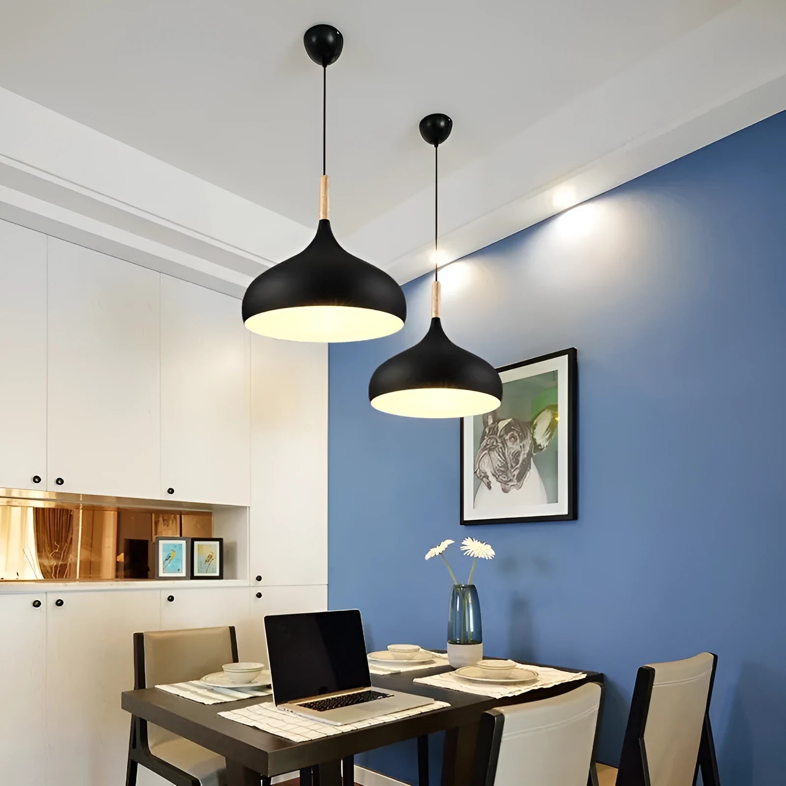 Creative macarone style single-head fishline pendant lamp with adjustable cord against a coloured background.
